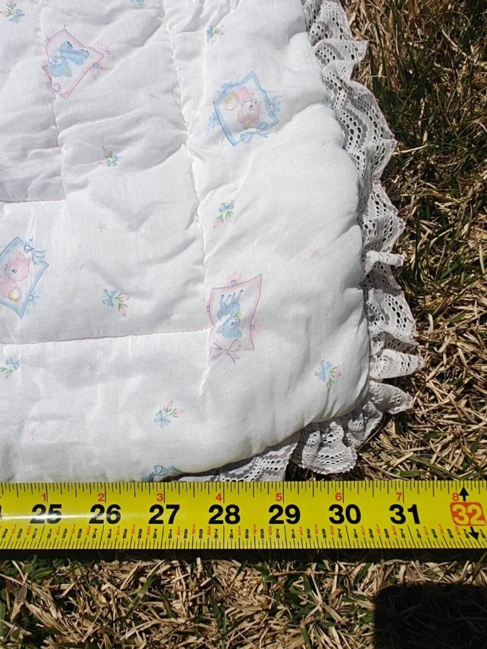 Vintage Baby Quilt Blanket Fabric & Lace 1980s Pastel Farm Animals Quiltron